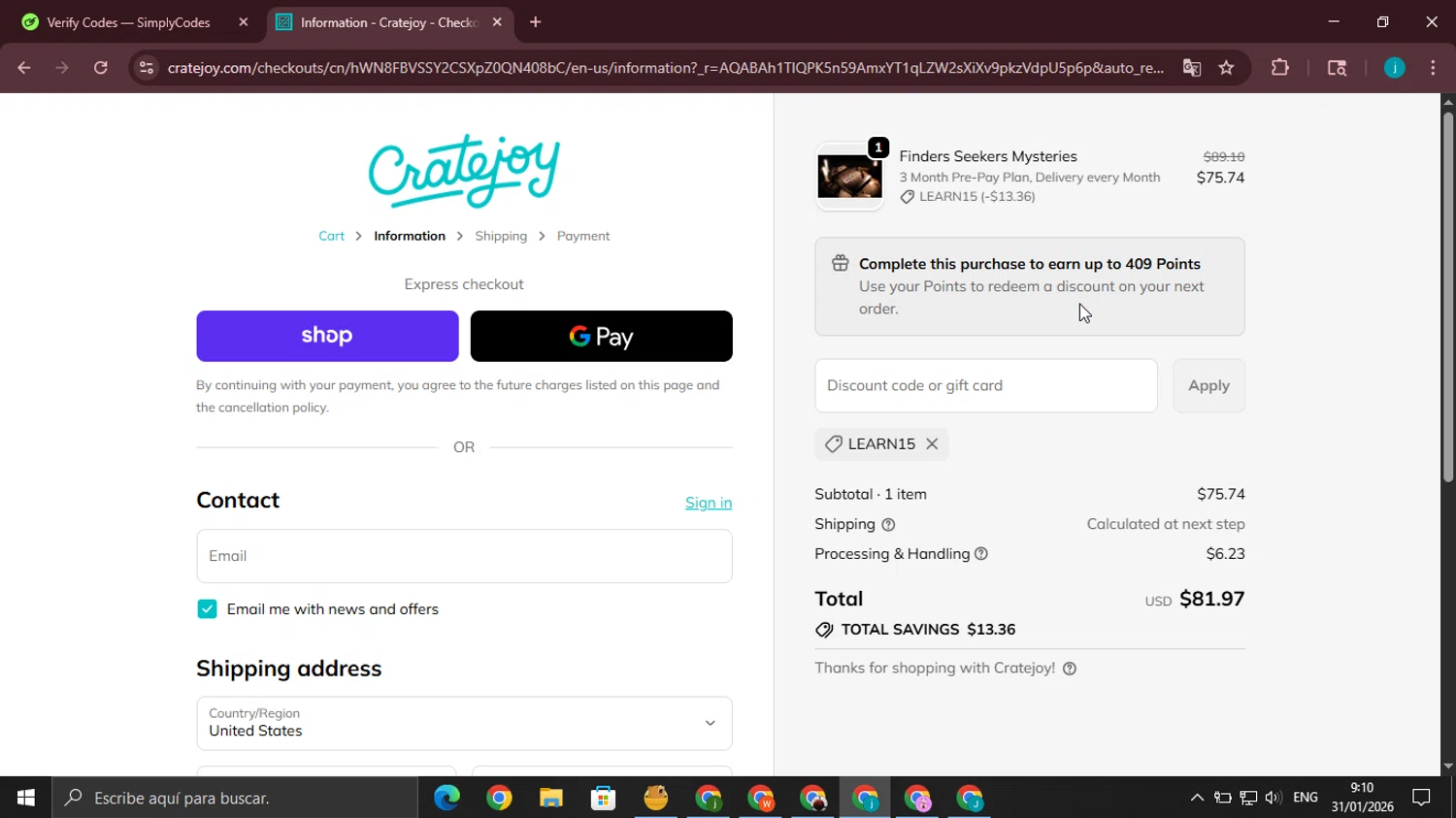 Cratejoy promo code screenshot showing code LEARN15 applied at Cratejoy checkout page. Uploaded by SimplyCodes community member juanjo2 on Jan 31, 2026