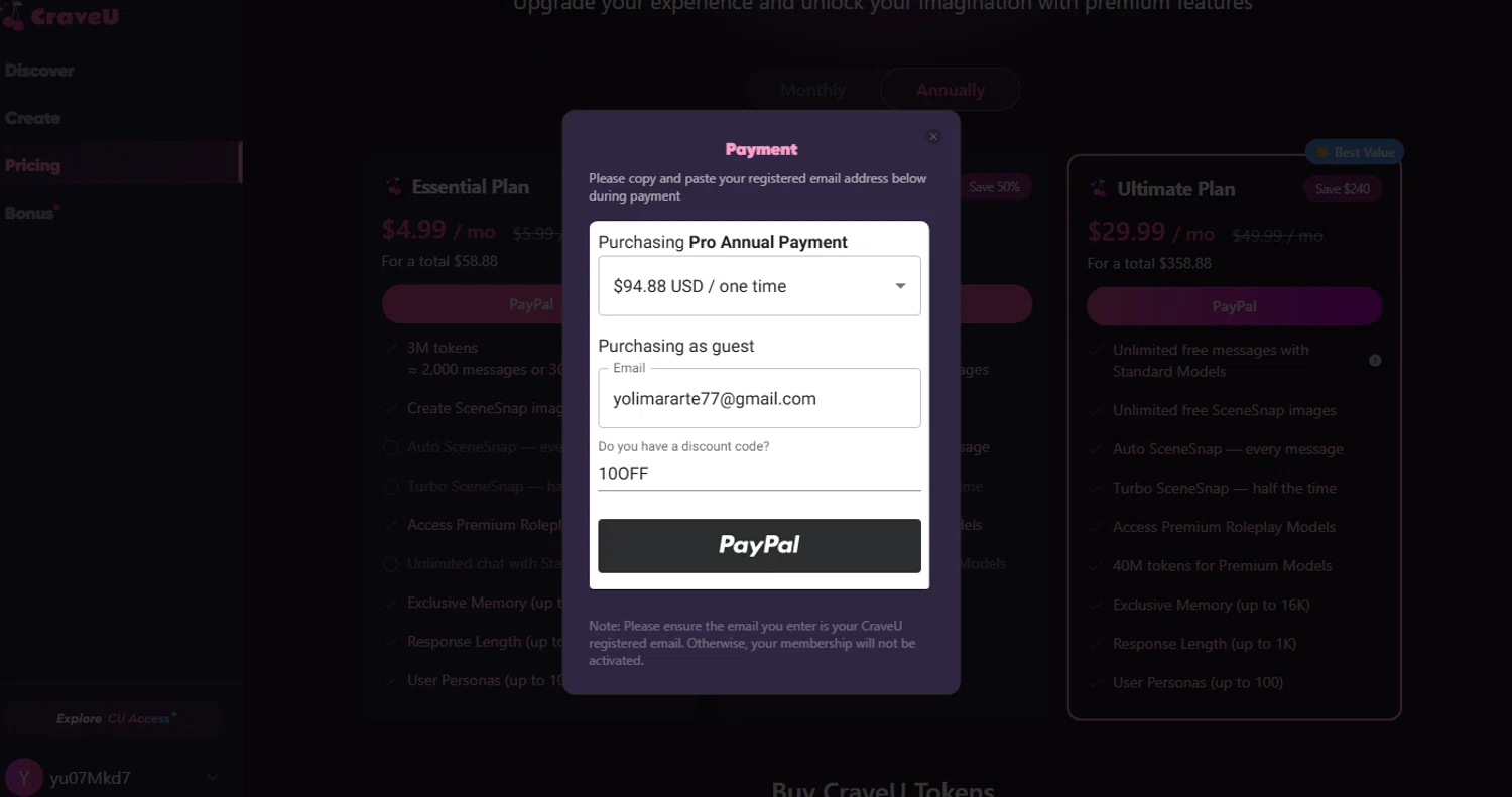 CraveU AI promo code screenshot showing code 10OFF applied at CraveU AI checkout page. Uploaded by SimplyCodes community member yolimararteaga1 on May 21, 2025