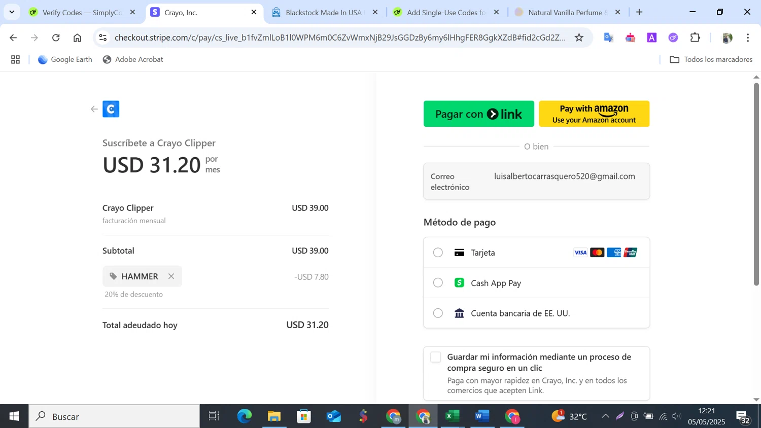 Crayo promo code screenshot showing code HAMMER applied at Crayo checkout page. Uploaded by SimplyCodes community member NobleMonarch5837 on May 5, 2025