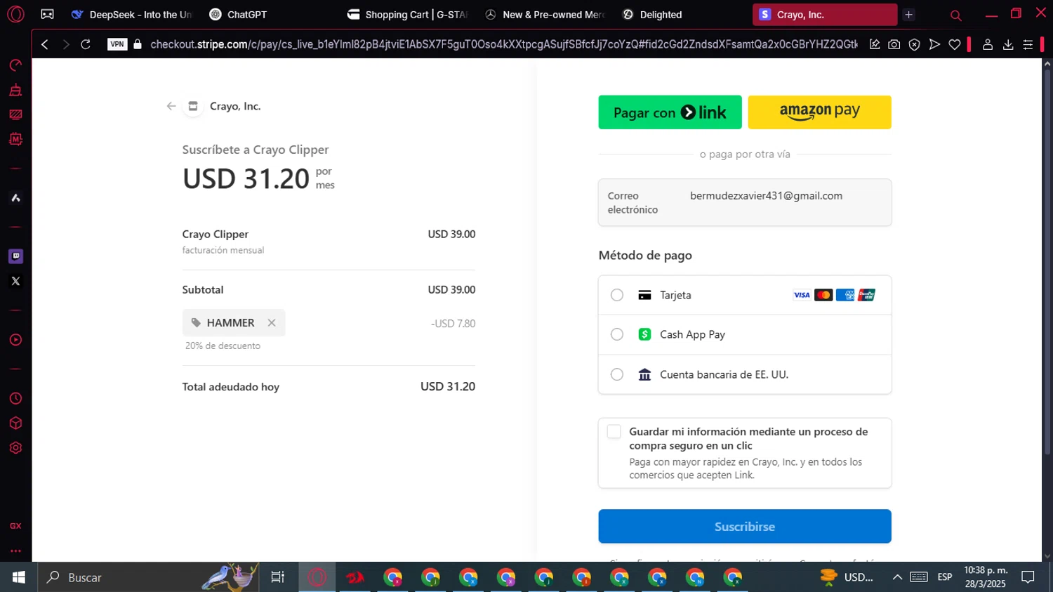 Crayo promo code screenshot showing code HAMMER applied at Crayo checkout page. Uploaded by SimplyCodes community member ExtraordinaryOwl2235 on Mar 29, 2025