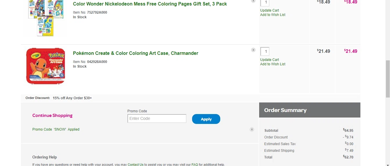 Crayola checkout page showing Crayola promo code box | Screenshot taken by SimplyCodes community member on Jan 31, 2023