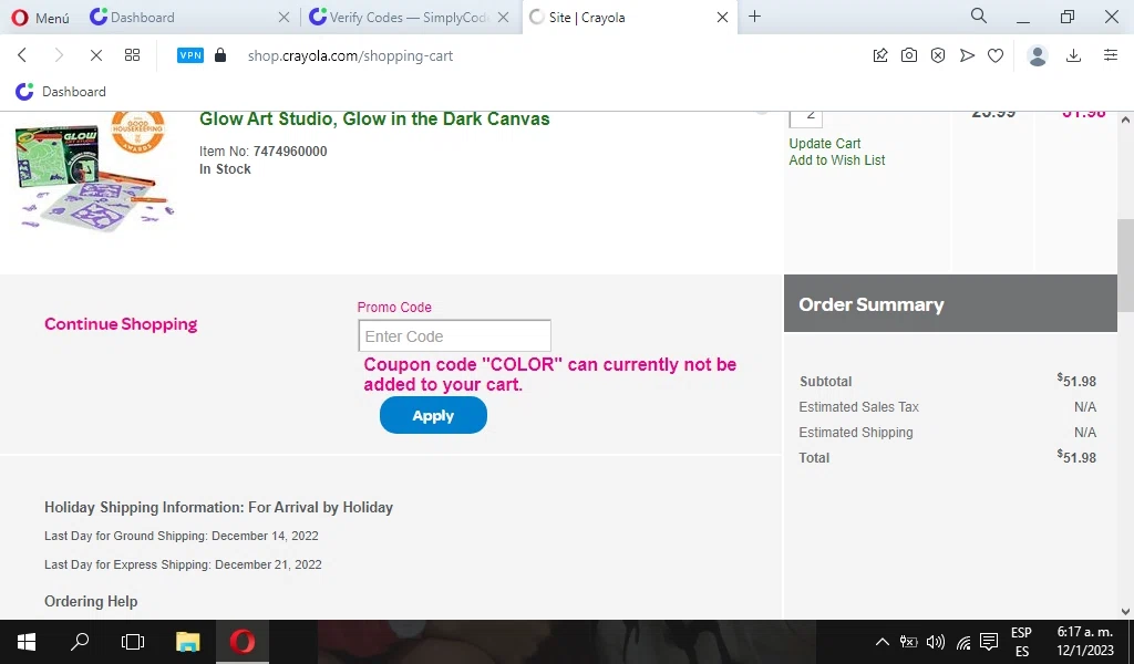 Crayola checkout page showing Crayola promo code box | Screenshot taken by SimplyCodes community member on Jan 12, 2023