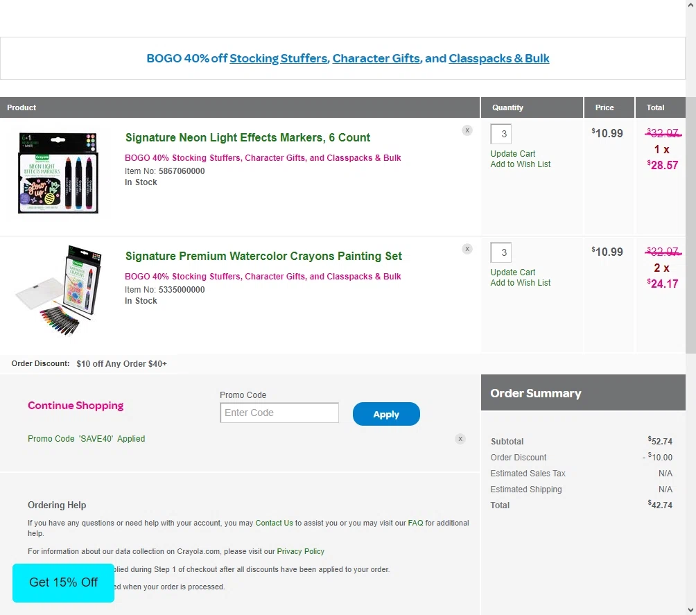 Crayola checkout page showing Crayola promo code box | Screenshot taken by SimplyCodes community member on Nov 18, 2022
