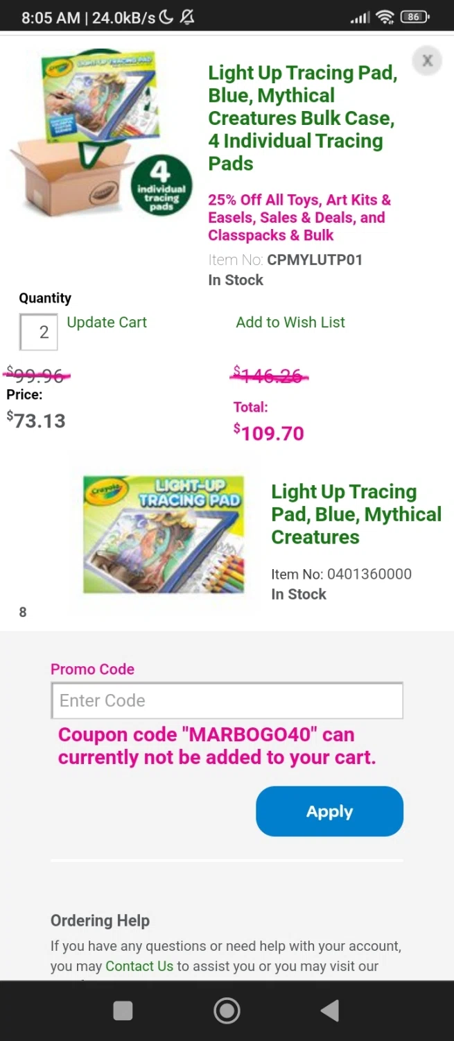 Crayola checkout page showing Crayola promo code box | Screenshot taken by SimplyCodes community member on Apr 4, 2023