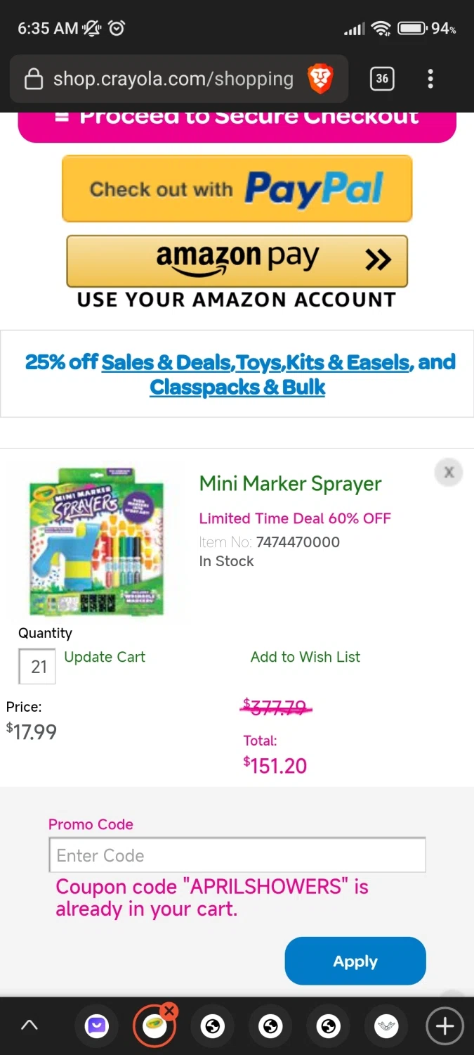 Crayola checkout page showing Crayola promo code box | Screenshot taken by SimplyCodes community member on Apr 30, 2023