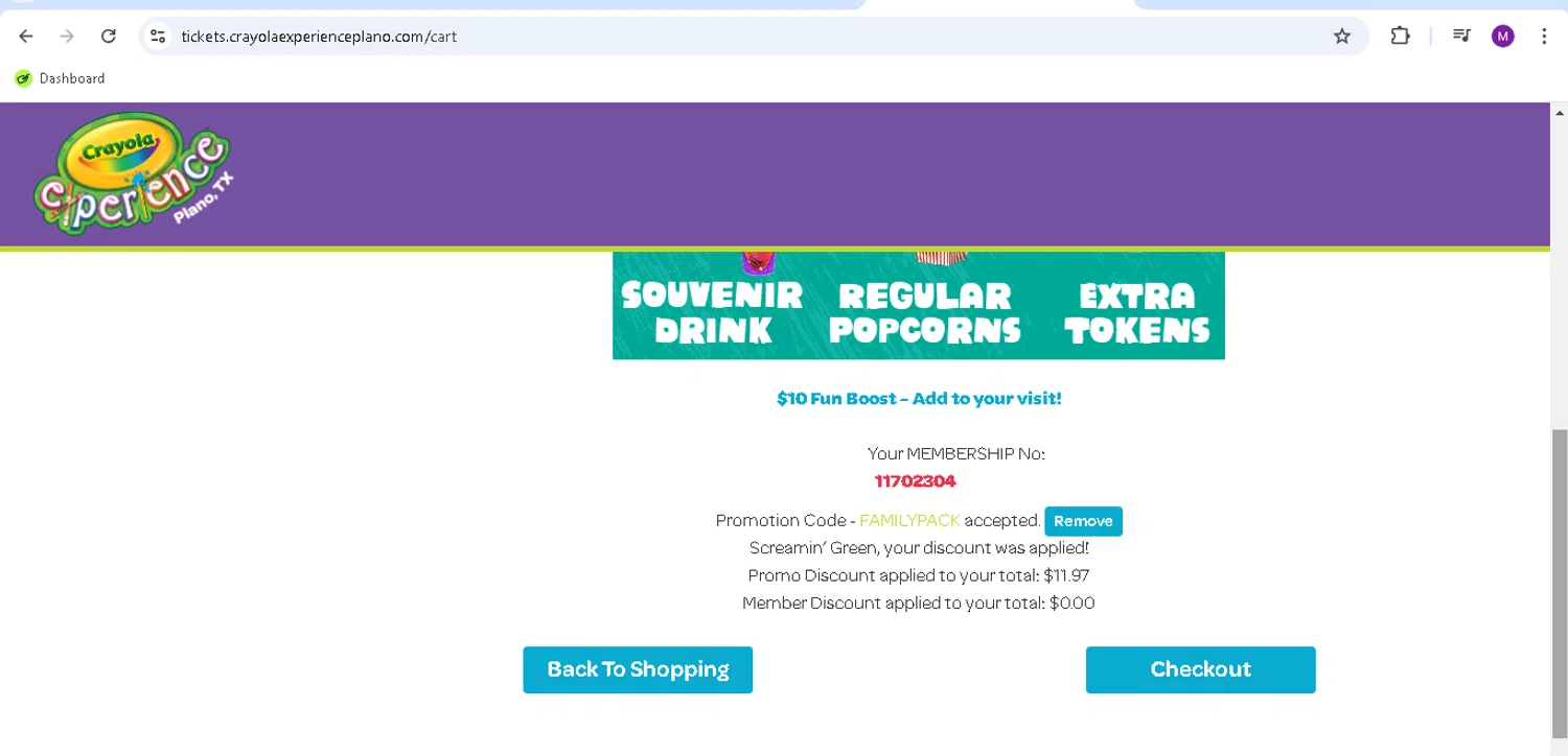 where to use Crayola Experience promo code box