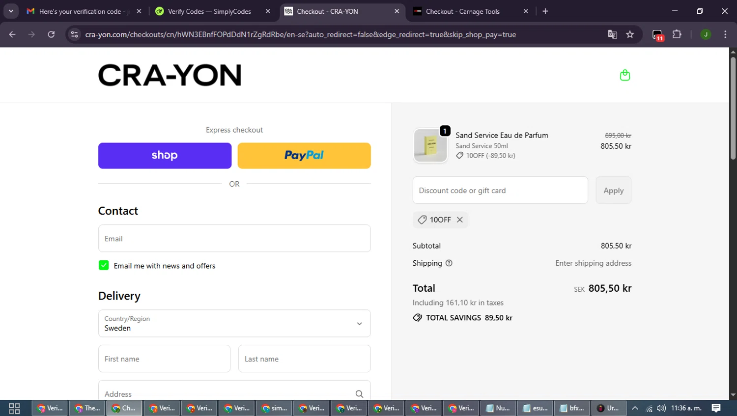 CRA-YON Parfums promo code screenshot showing code 10OFF applied at CRA-YON Parfums checkout page. Uploaded by SimplyCodes community member SmartLion6646 on Sep 21, 2025