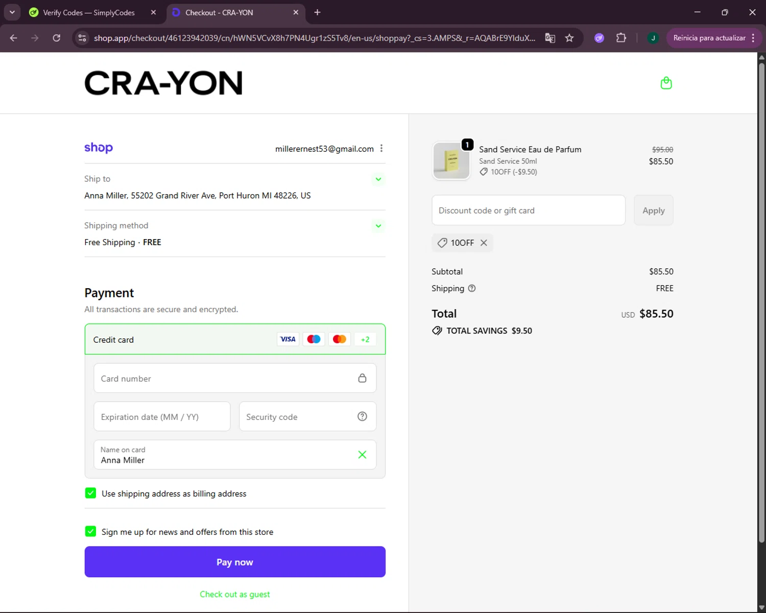 CRA-YON Parfums promo code screenshot showing code 10OFF applied at CRA-YON Parfums checkout page. Uploaded by SimplyCodes community member VictoriousOwl2774 on Nov 20, 2025