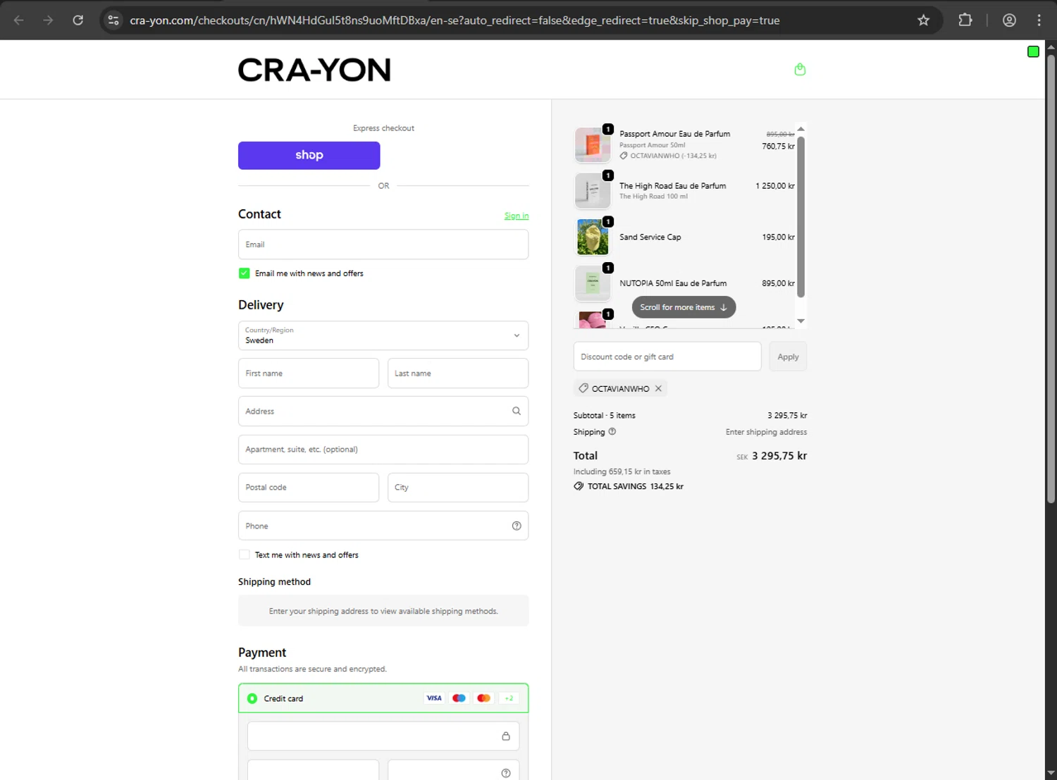 CRA-YON Parfums promo code screenshot showing code OCTAVIANWHO applied at CRA-YON Parfums checkout page. Uploaded by SimplyCodes community member RINITOSHI on Oct 19, 2025