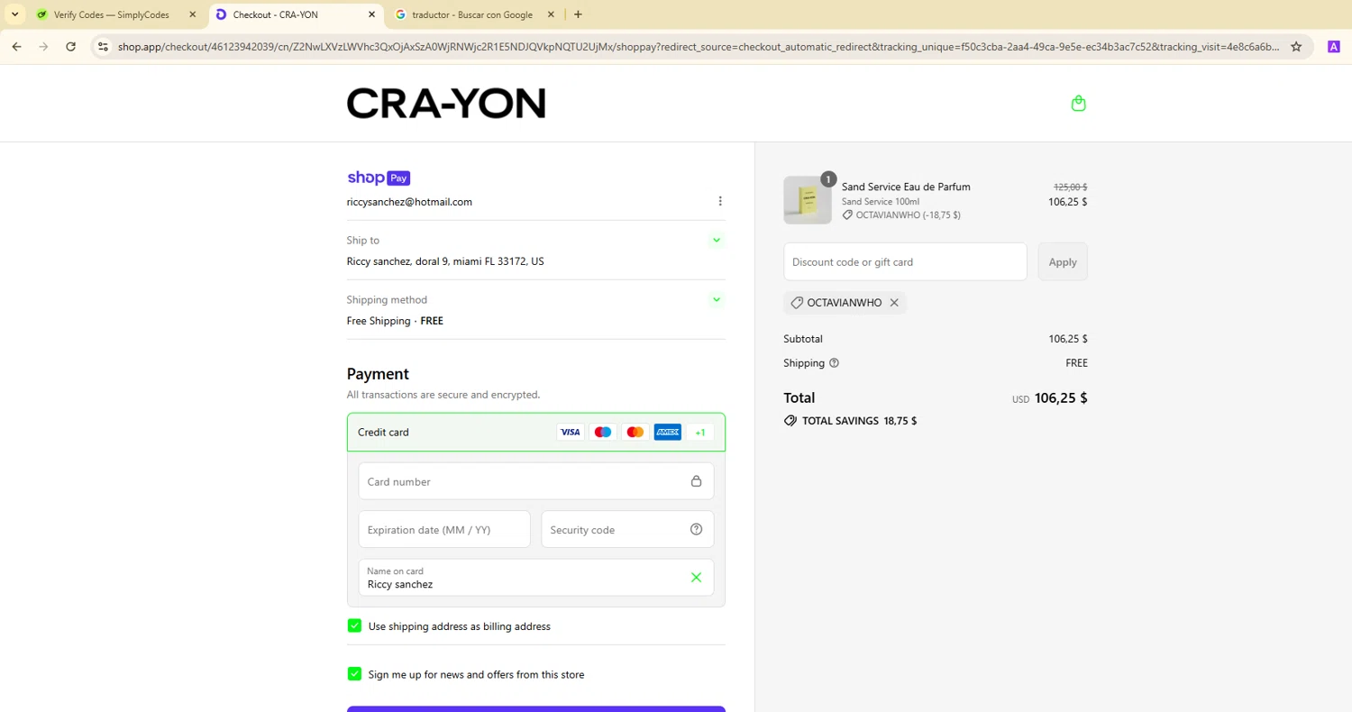 CRA-YON Parfums promo code screenshot showing code OCTAVIANWHO applied at CRA-YON Parfums checkout page. Uploaded by SimplyCodes community member ShieldTitan9442 on Jul 14, 2025