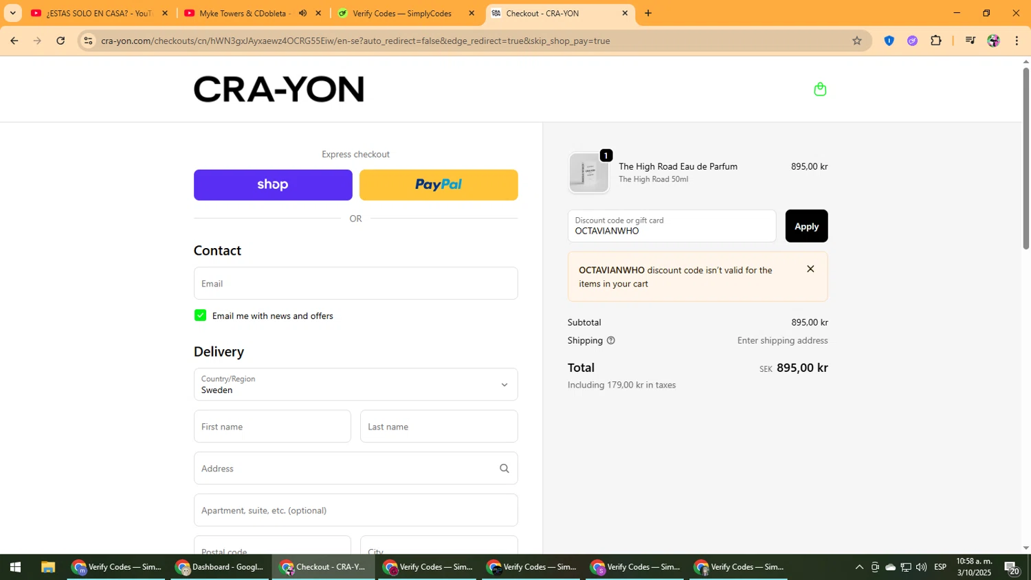 CRA-YON Parfums promo code screenshot showing code OCTAVIANWHO applied at CRA-YON Parfums checkout page. Uploaded by SimplyCodes community member Vanmanuel on Oct 3, 2025