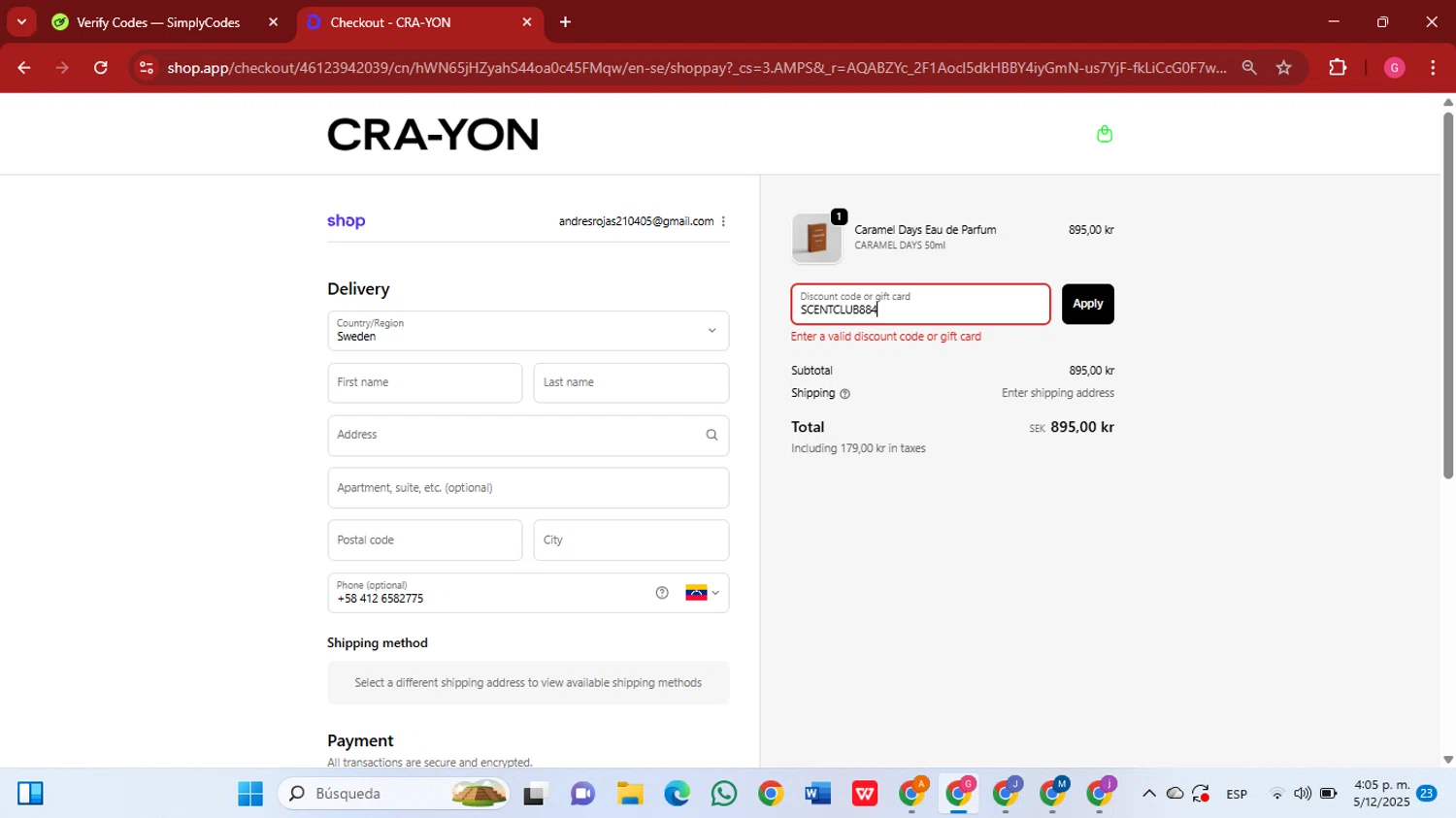 CRA-YON Parfums promo code screenshot showing code SCENTCLUB884 applied at CRA-YON Parfums checkout page. Uploaded by SimplyCodes community member GGGilbert on Dec 5, 2025
