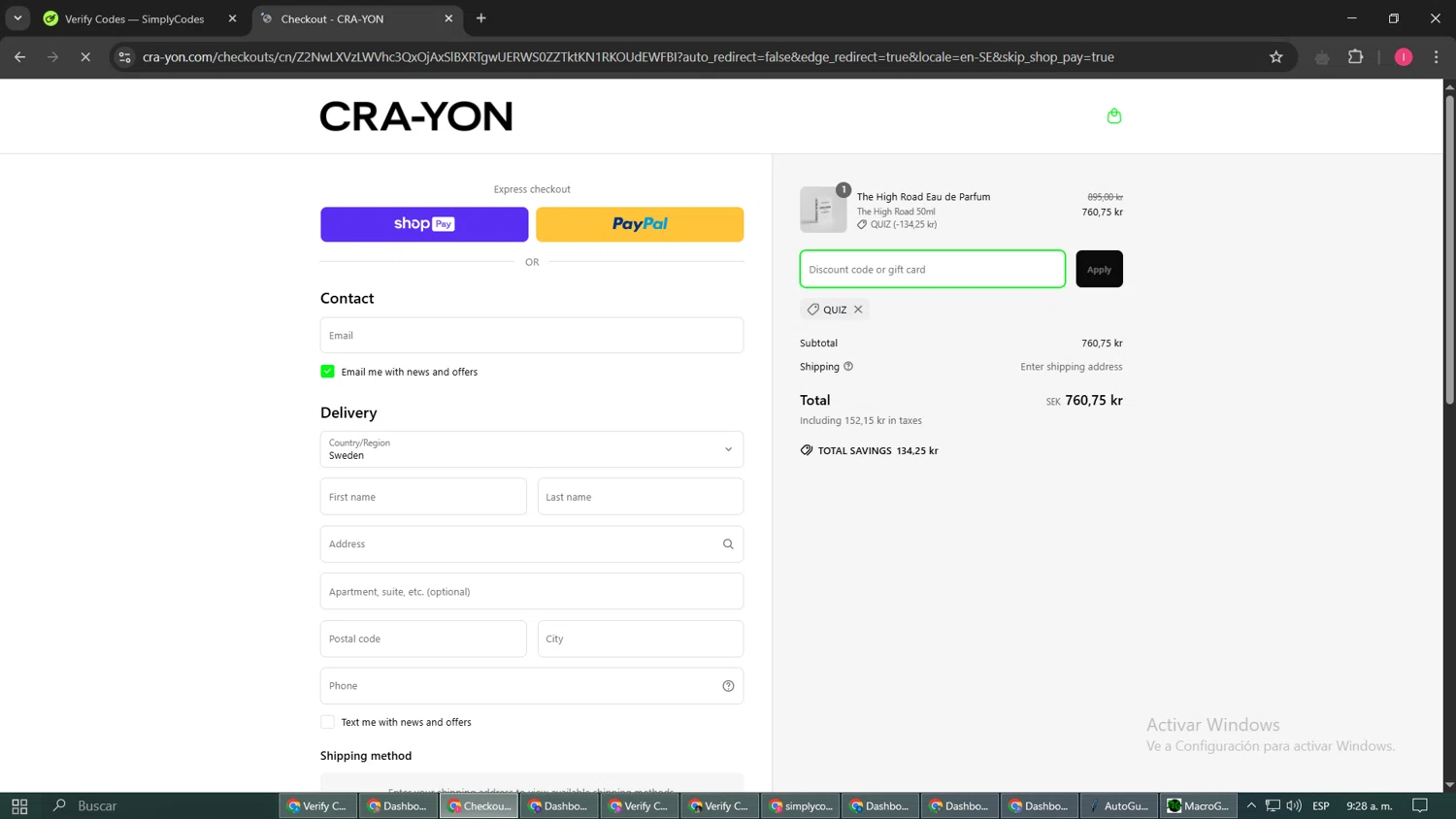 CRA-YON Parfums promo code screenshot showing code QUIZ applied at CRA-YON Parfums checkout page. Uploaded by SimplyCodes community member SmartAce4137 on Mar 21, 2025