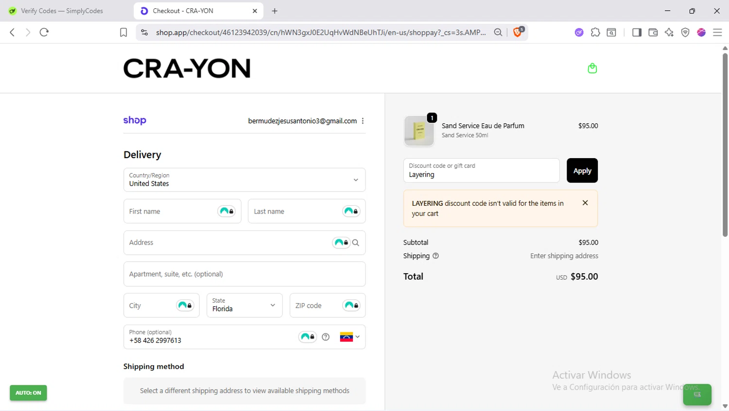 CRA-YON Parfums promo code screenshot showing code Layering applied at CRA-YON Parfums checkout page. Uploaded by SimplyCodes community member SapeGato on Oct 3, 2025