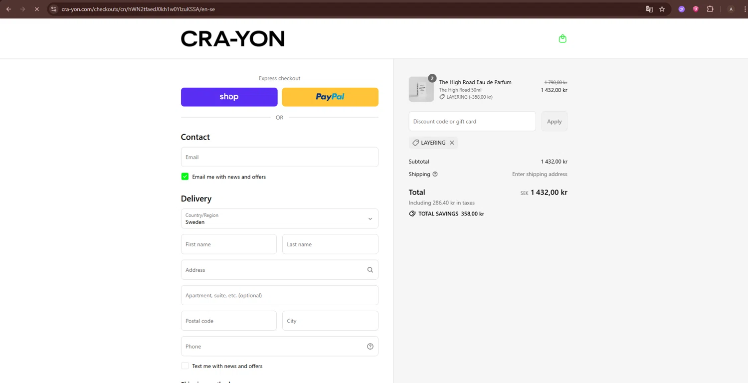 CRA-YON Parfums promo code screenshot showing code Layering applied at CRA-YON Parfums checkout page. Uploaded by SimplyCodes community member ShieldTiger5081 on Sep 12, 2025