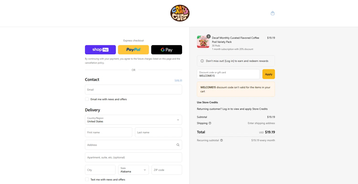 Crazy Cups promo code screenshot showing code WELCOME15 applied at Crazy Cups checkout page. Uploaded by SimplyCodes community member CashOwl3827 on Jul 10, 2025