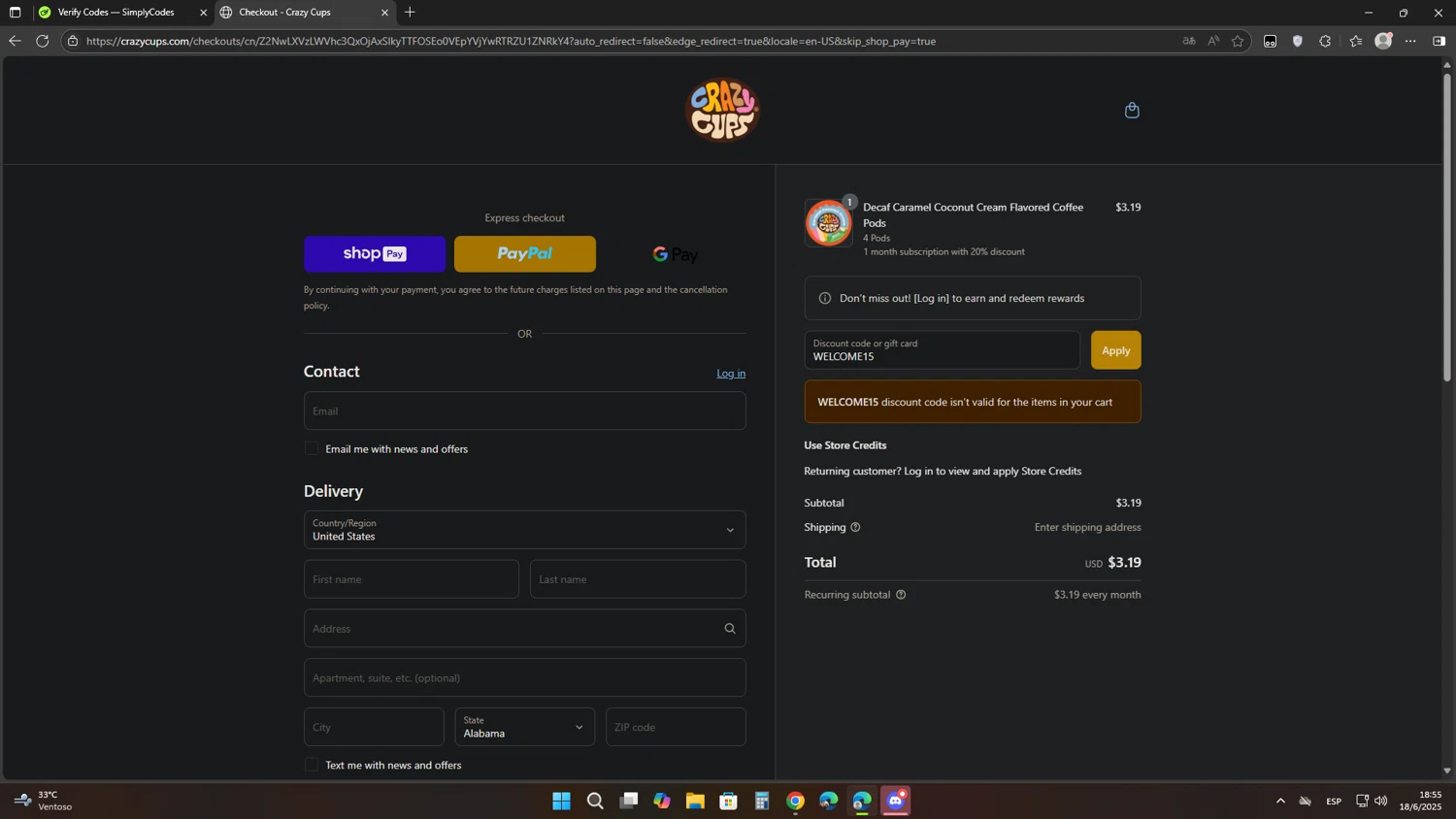 Crazy Cups promo code screenshot showing code WELCOME15 applied at Crazy Cups checkout page. Uploaded by SimplyCodes community member CoinRanger3407 on Jun 18, 2025