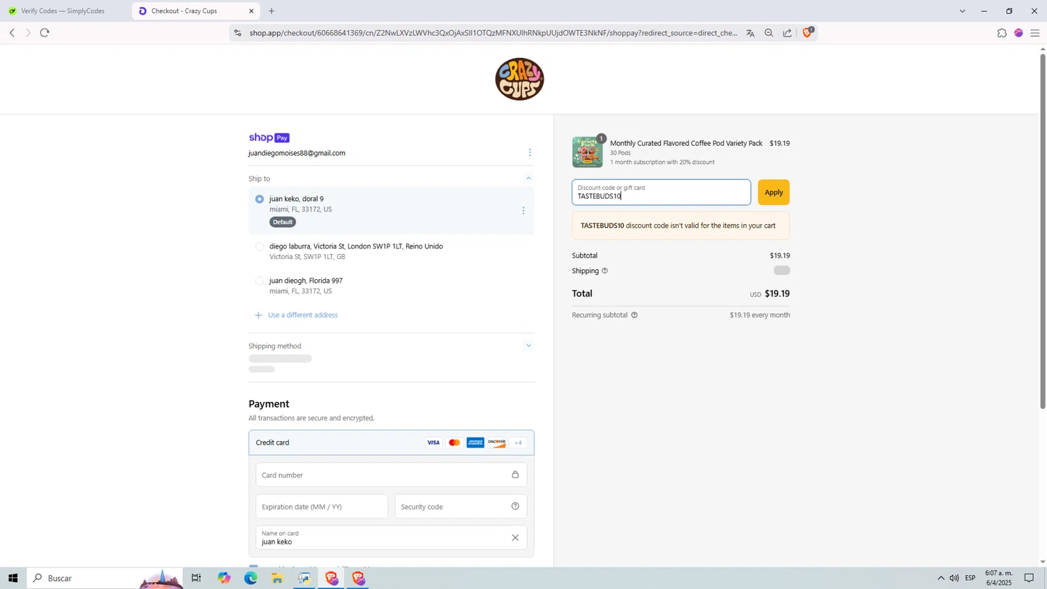 Crazy Cups promo code screenshot showing code TASTEBUDS10 applied at Crazy Cups checkout page. Uploaded by SimplyCodes community member Monitos on Apr 6, 2025