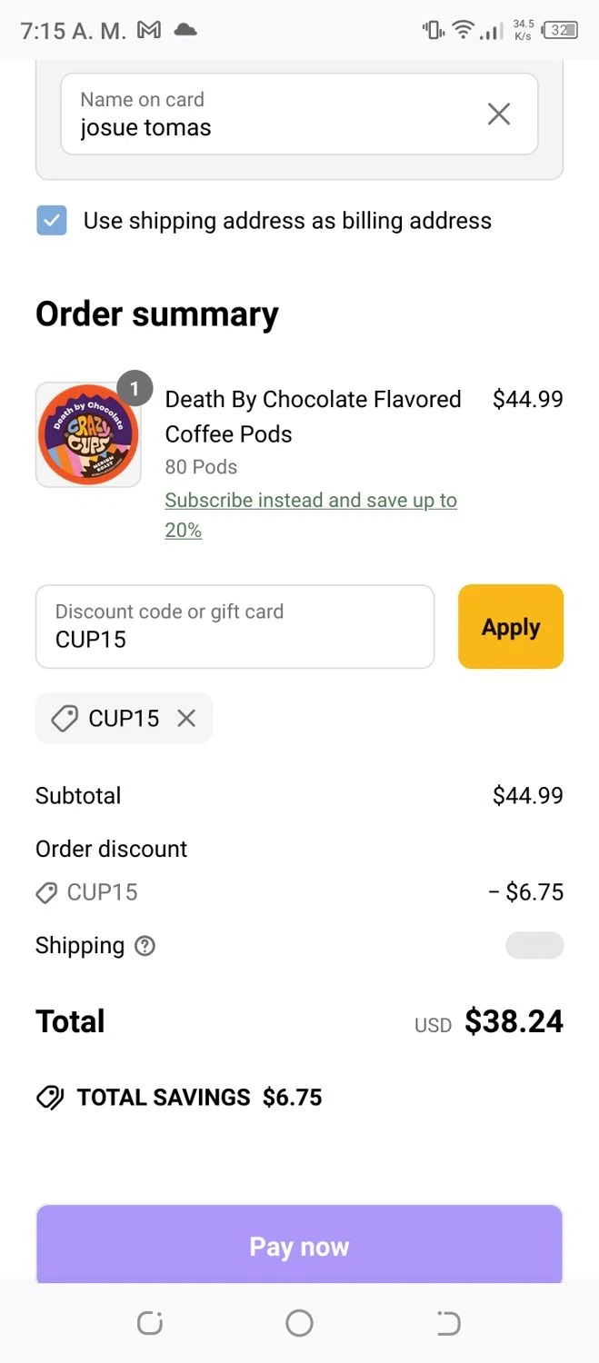 Crazy Cups promo code screenshot showing code CUP15 applied at Crazy Cups checkout page. Uploaded by SimplyCodes community member Franco20 on Mar 28, 2025