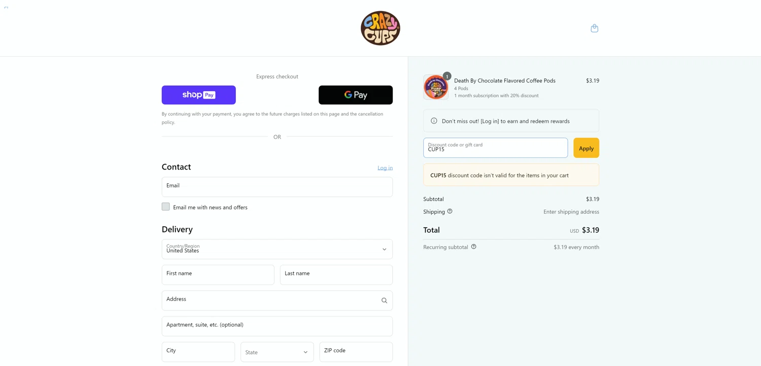 Crazy Cups promo code screenshot showing code CUP15 applied at Crazy Cups checkout page. Uploaded by SimplyCodes community member ShrewdEagle1122 on Mar 28, 2025