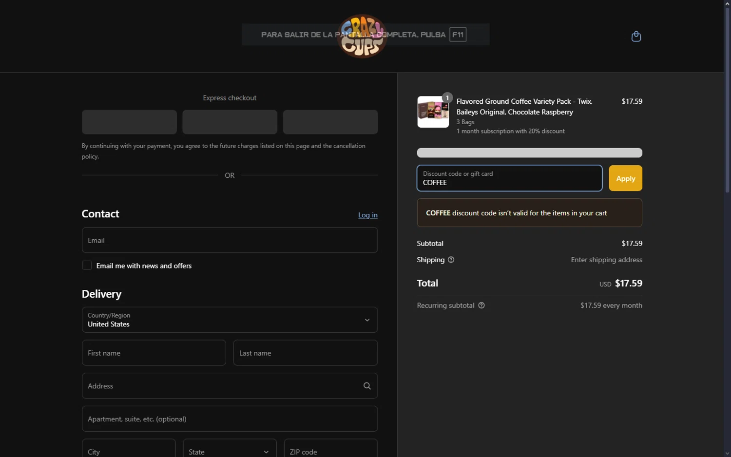 Crazy Cups promo code screenshot showing code COFFEE applied at Crazy Cups checkout page. Uploaded by SimplyCodes community member GiornoGiovanna on Mar 28, 2025