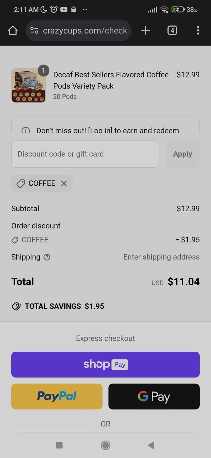 Crazy Cups promo code screenshot showing code COFFEE applied at Crazy Cups checkout page. Uploaded by SimplyCodes community member Naofumi on Apr 27, 2025