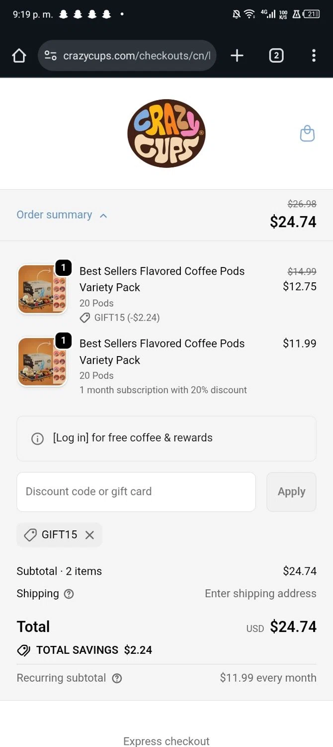 Crazy Cups promo code screenshot showing code GIFT15 applied at Crazy Cups checkout page. Uploaded by SimplyCodes community member Nickurtdale on Dec 14, 2025