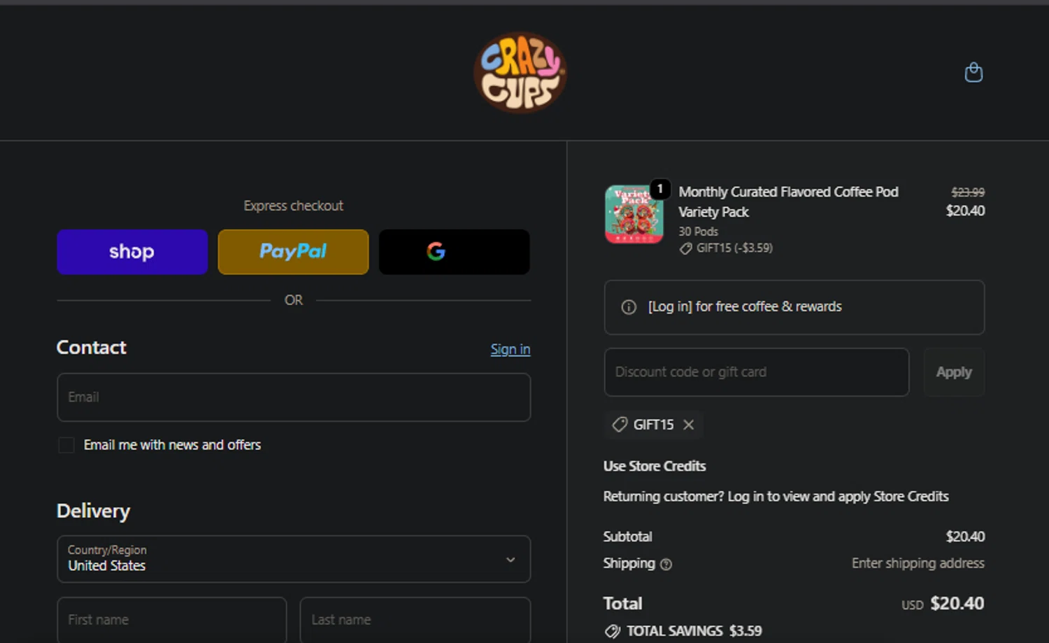 Crazy Cups promo code screenshot showing code GIFT15 applied at Crazy Cups checkout page. Uploaded by SimplyCodes community member idkxxx on Dec 14, 2025