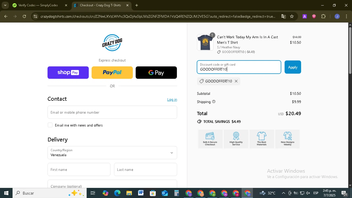 Crazy Dog Tshirts coupon code screenshot showing code GOODOFFERT10 applied at Crazy Dog Tshirts checkout page. Uploaded by SimplyCodes community member EpicSage3474 on Jul 7, 2025
