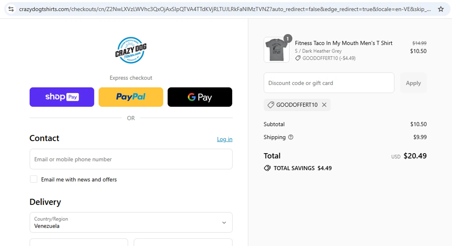 Crazy Dog Tshirts coupon code screenshot showing code GOODOFFERT10 applied at Crazy Dog Tshirts checkout page. Uploaded by SimplyCodes community member gallantbotx on Jul 9, 2025