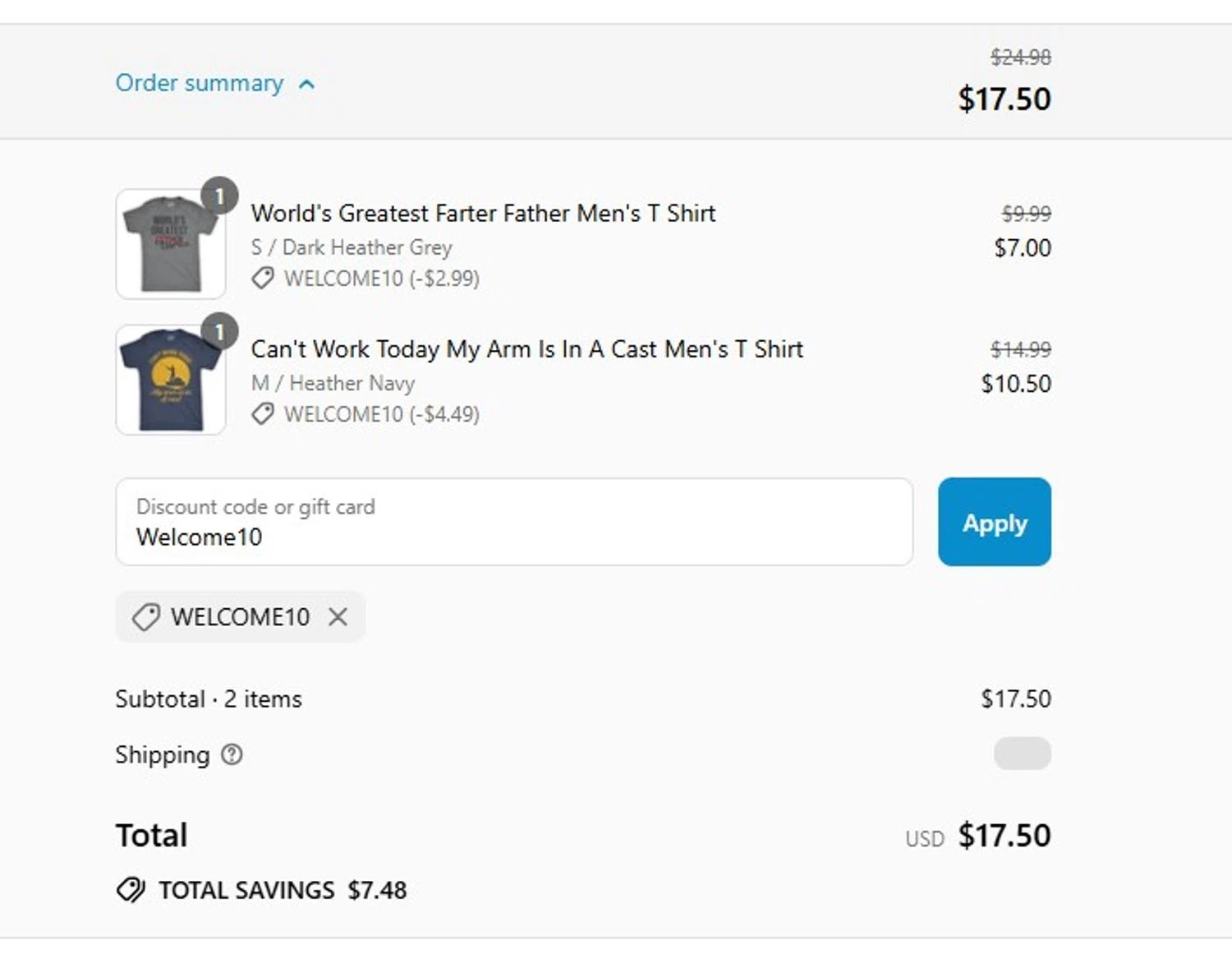 Crazy Dog Tshirts coupon code screenshot showing code Welcome10 applied at Crazy Dog Tshirts checkout page. Uploaded by SimplyCodes community member MoneyFalcon5538 on Aug 25, 2025