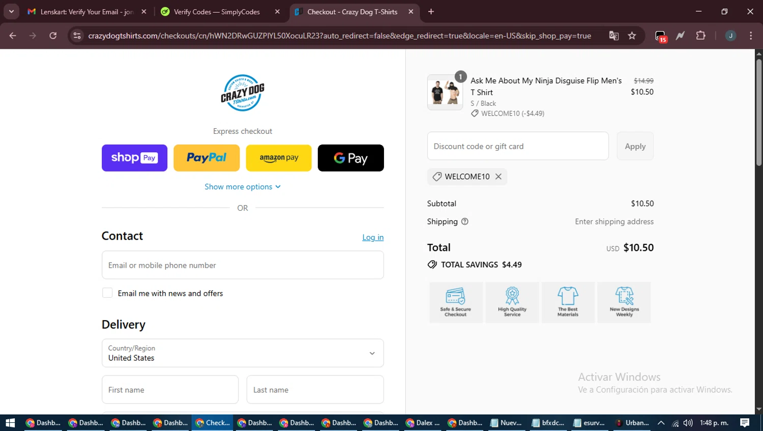 Crazy Dog Tshirts coupon code screenshot showing code Welcome10 applied at Crazy Dog Tshirts checkout page. Uploaded by SimplyCodes community member ScanLynx8928 on Aug 25, 2025
