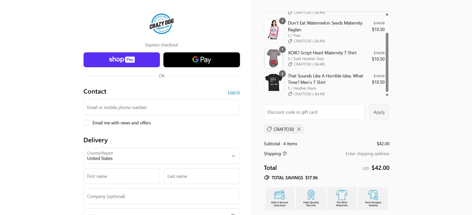 Crazy Dog Tshirts coupon code screenshot showing code CRAFTO30 applied at Crazy Dog Tshirts checkout page. Uploaded by SimplyCodes community member HoneyJean on Jul 23, 2025
