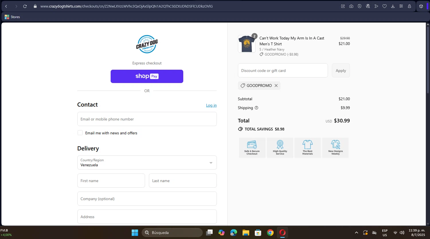 Crazy Dog Tshirts coupon code screenshot showing code GOODPROMO applied at Crazy Dog Tshirts checkout page. Uploaded by SimplyCodes community member Maylinlr on Jul 9, 2025