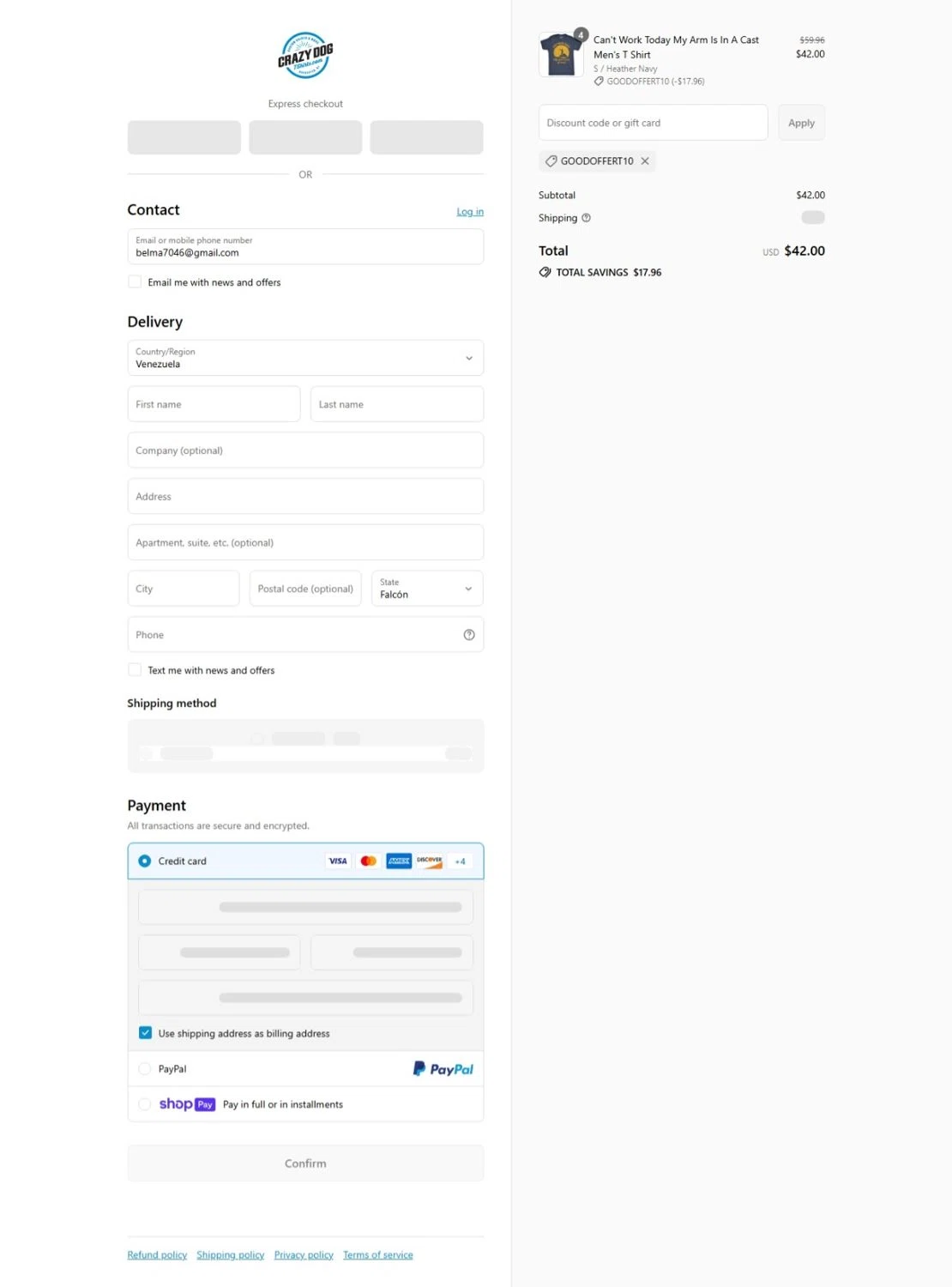 Crazy Dog Tshirts coupon code screenshot showing code GOODOFFERT10 applied at Crazy Dog Tshirts checkout page. Uploaded by SimplyCodes community member belma123 on Jul 7, 2025