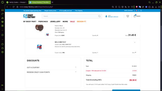 Crazy Factory checkout page showing Crazy Factory promo code box | Screenshot taken by SimplyCodes community member on Sep 8, 2025