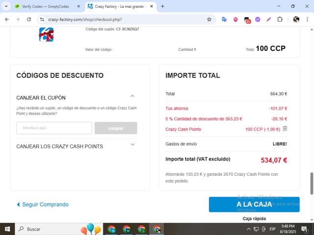 Crazy Factory checkout page showing Crazy Factory promo code box | Screenshot taken by SimplyCodes community member on Aug 18, 2025