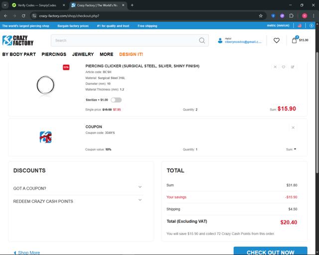 Crazy Factory checkout page showing Crazy Factory promo code box | Screenshot taken by SimplyCodes community member on Aug 18, 2025