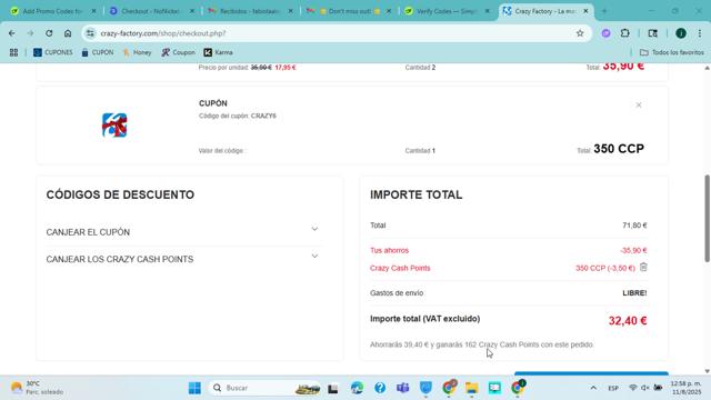 Crazy Factory checkout page showing Crazy Factory promo code box | Screenshot taken by SimplyCodes community member on Aug 11, 2025
