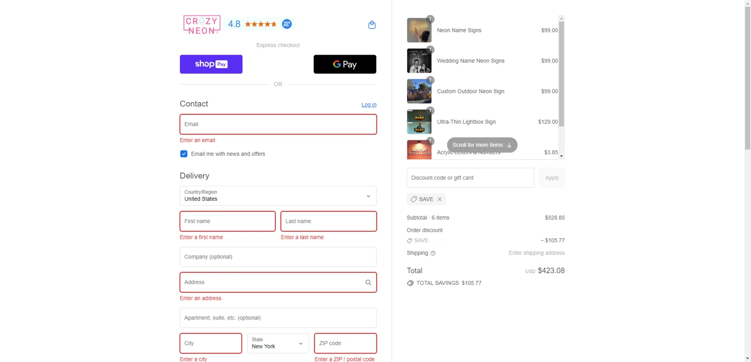 CrazyNeon USA promo code screenshot showing code save applied at CrazyNeon USA checkout page. Uploaded by SimplyCodes community member CrownTiger6508 on Aug 12, 2025