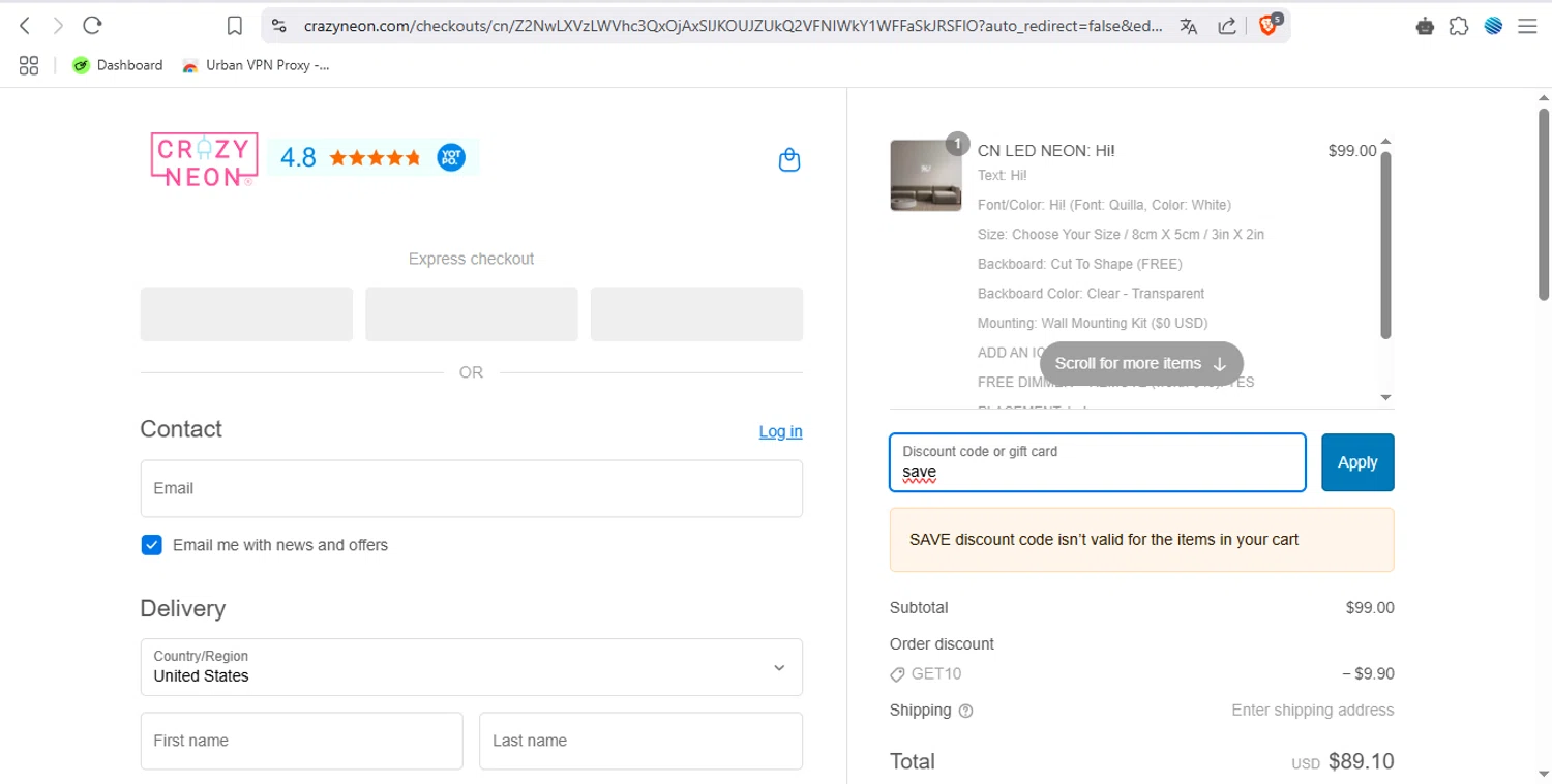 CrazyNeon USA promo code screenshot showing code save applied at CrazyNeon USA checkout page. Uploaded by SimplyCodes community member tulomalkovich on Apr 11, 2025