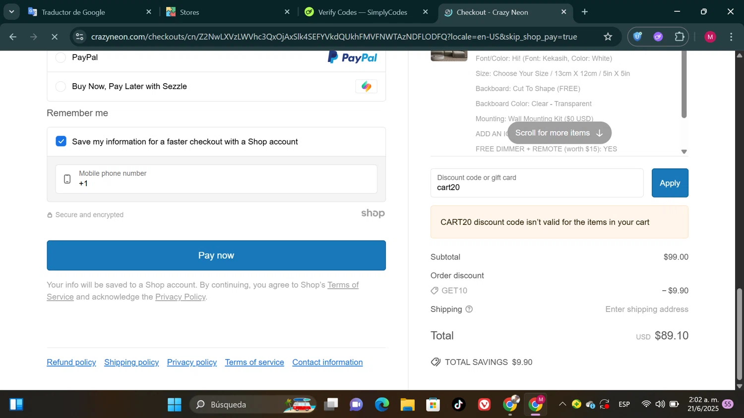 CrazyNeon USA promo code screenshot showing code cart20 applied at CrazyNeon USA checkout page. Uploaded by SimplyCodes community member SwiftPioneer1769 on Jun 21, 2025