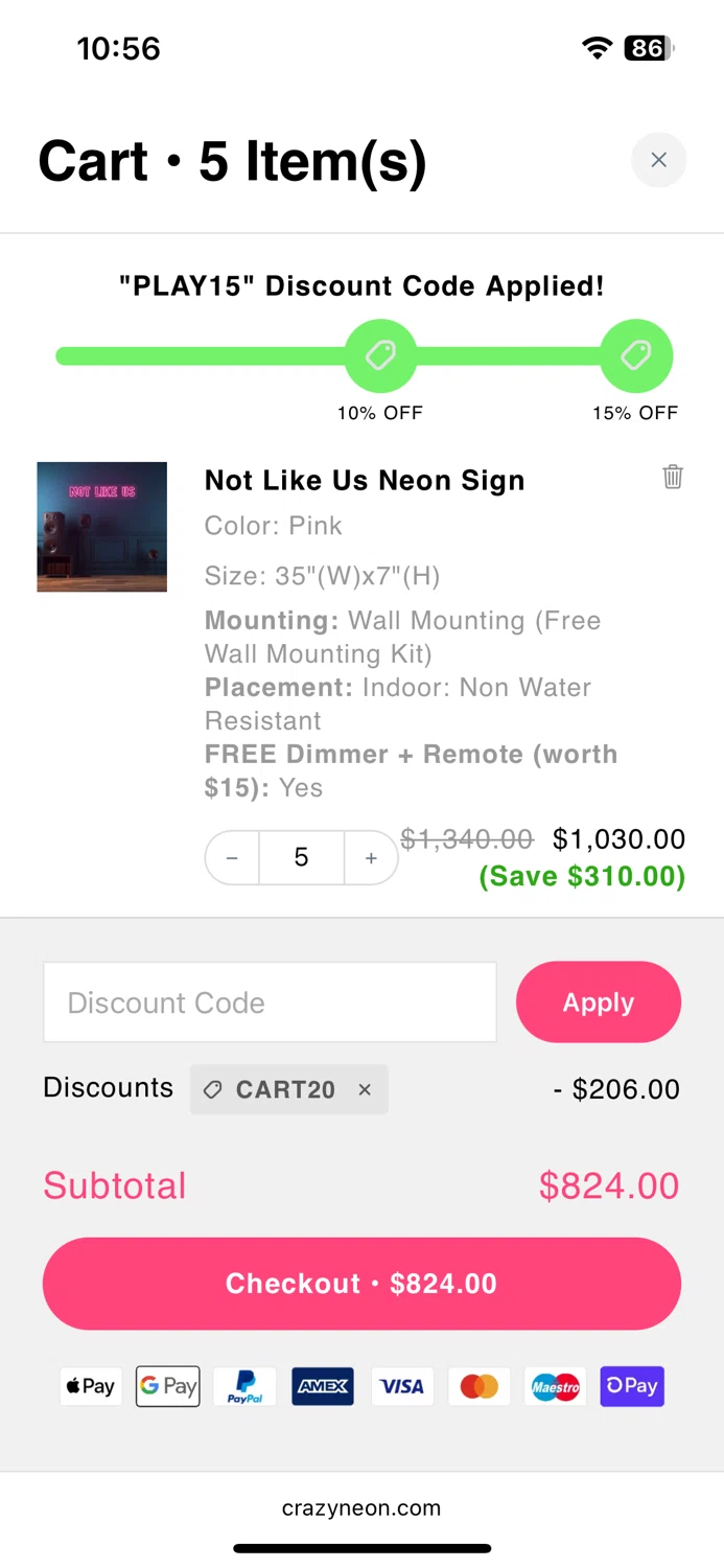 CrazyNeon USA promo code screenshot showing code cart20 applied at CrazyNeon USA checkout page. Uploaded by SimplyCodes community member omardaal on Aug 12, 2025