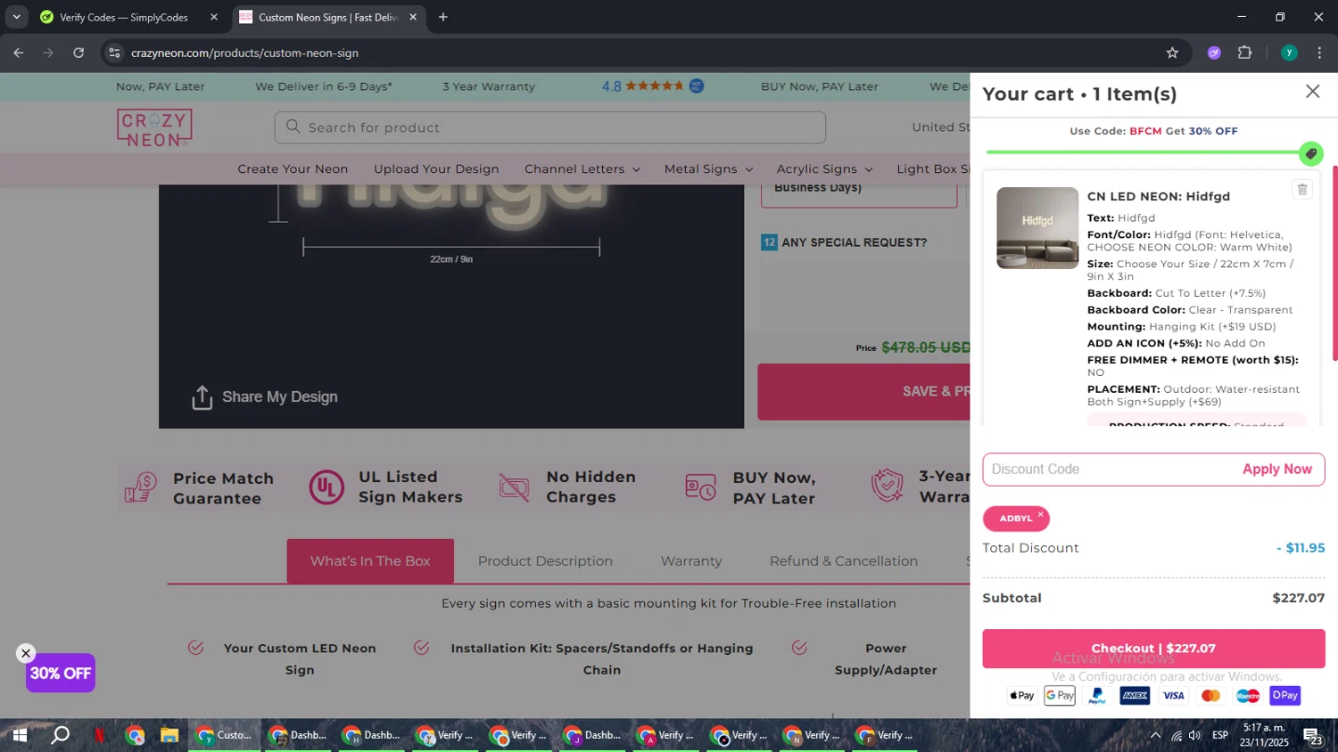 CrazyNeon USA promo code screenshot showing code ADBYL applied at CrazyNeon USA checkout page. Uploaded by SimplyCodes community member FrugalCaptain6906 on Nov 23, 2025