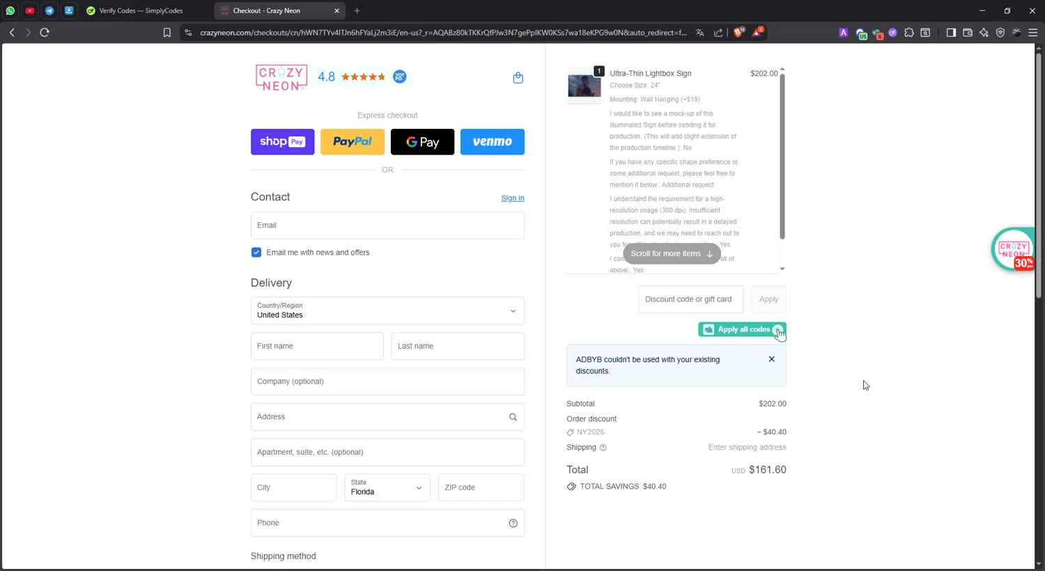 CrazyNeon USA checkout page showing CrazyNeon USA promo code box | Screenshot taken by SimplyCodes community member on Jan 11, 2026