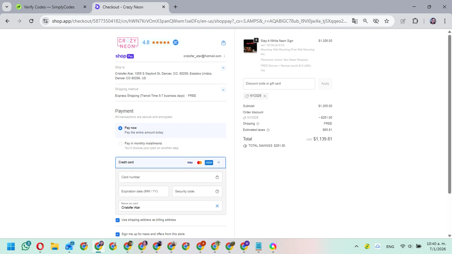 CrazyNeon USA promo code screenshot showing code NY2026 applied at CrazyNeon USA checkout page. Uploaded by SimplyCodes community member MarielisPb on Jan 7, 2026
