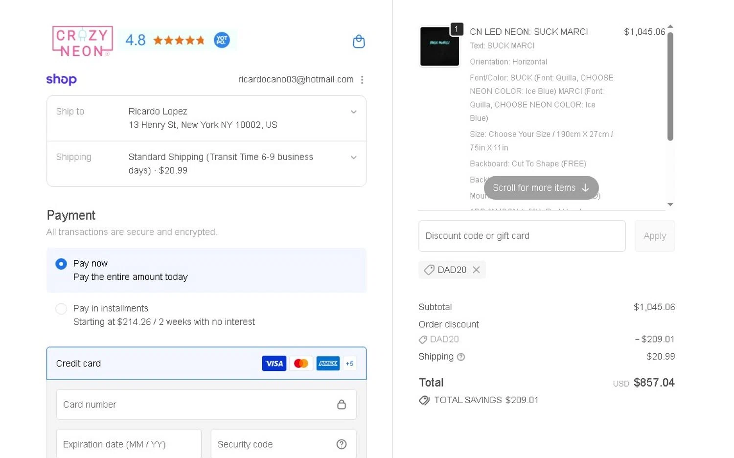 CrazyNeon USA promo code screenshot showing code DAD20 applied at CrazyNeon USA checkout page. Uploaded by SimplyCodes community member LAMINEJAMAL on Jun 18, 2026