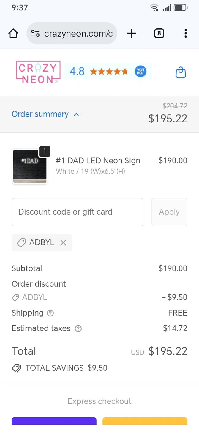 CrazyNeon USA promo code screenshot showing code ADBYL applied at CrazyNeon USA checkout page. Uploaded by SimplyCodes community member franksanchez on Oct 30, 2025