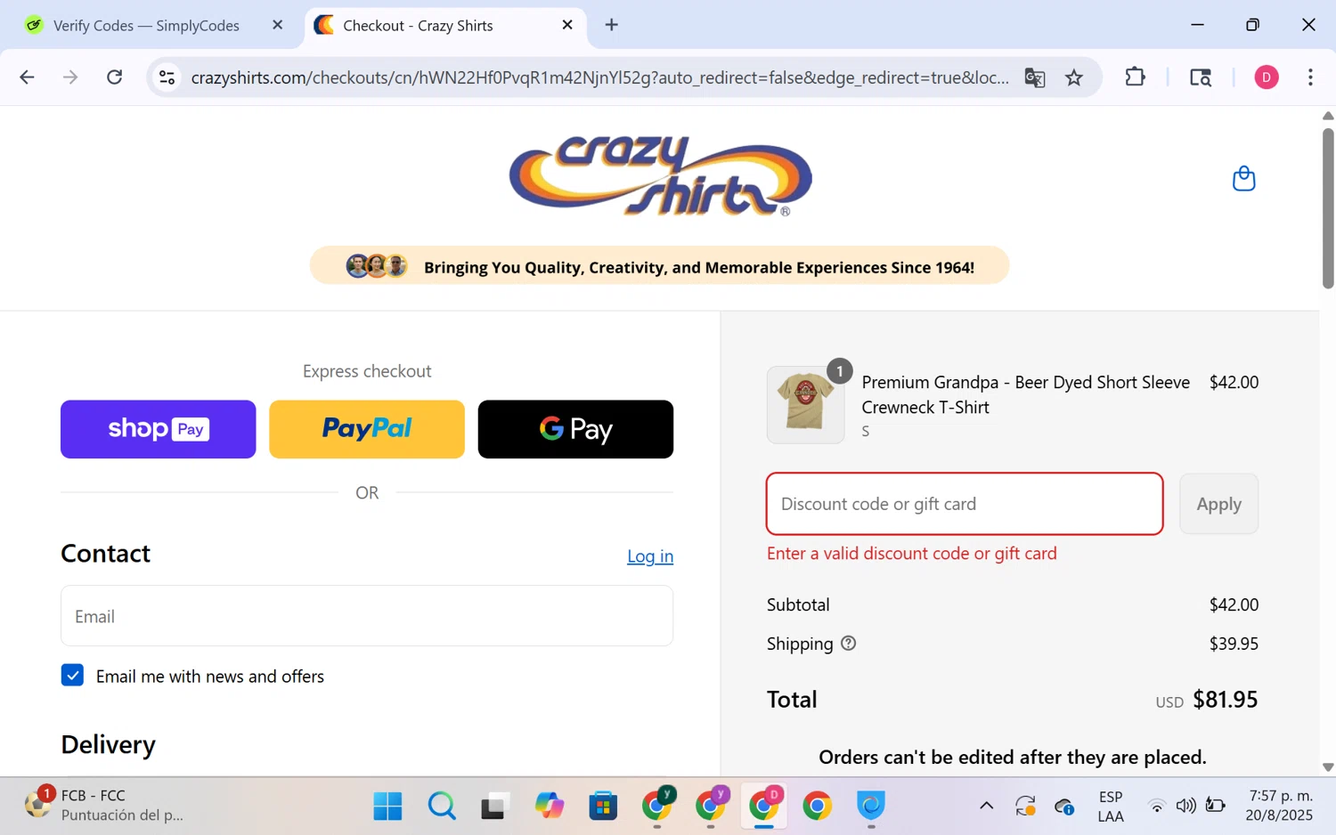 Crazy Shirts promo code screenshot showing code FREESHIP applied at Crazy Shirts checkout page. Uploaded by SimplyCodes community member LuckyHero4650 on Aug 20, 2025