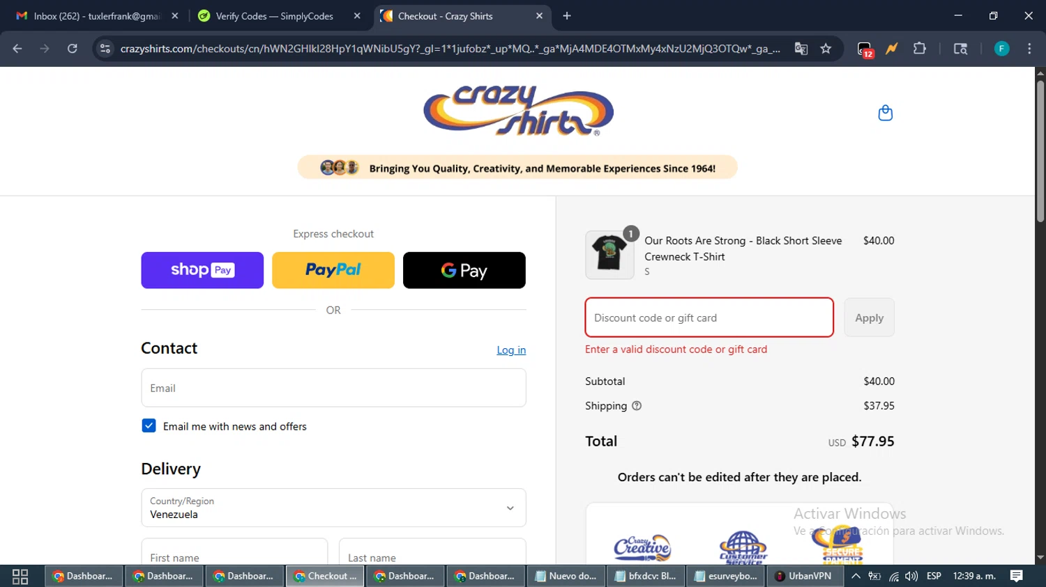 Crazy Shirts promo code screenshot showing code FREESHIP applied at Crazy Shirts checkout page. Uploaded by SimplyCodes community member ShrewdTitan3233 on Aug 26, 2025